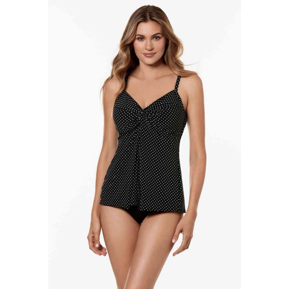 MIRACLESUIT Pin Point Love Knot Tankini Top Black/White 14DD Resort Vacation